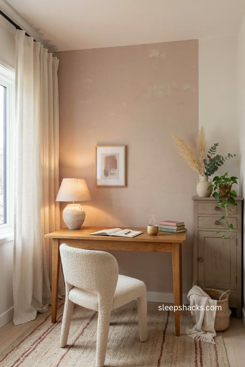 Soft calming color palette for women's home office with blush warm white and muted gray