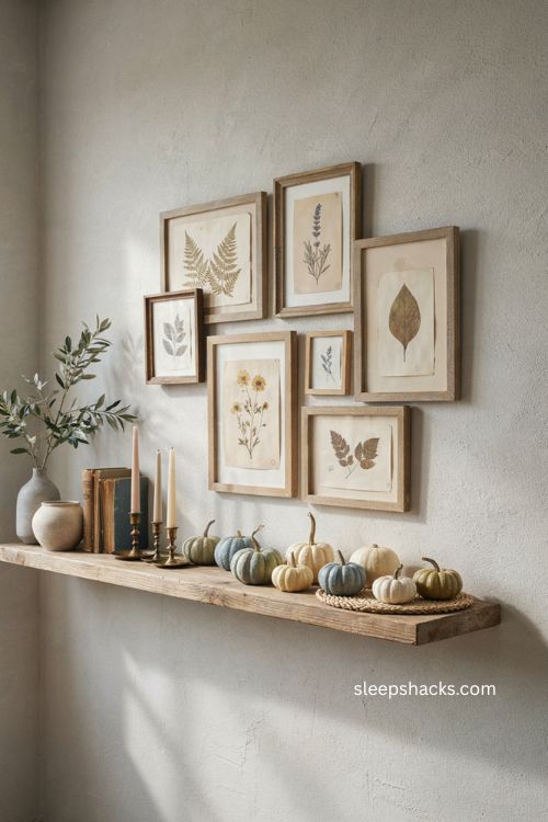 Soft coastal fall mantle with botanical prints and pastel pumpkins 