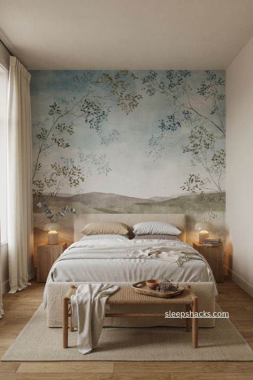 Soft nature inspired mural primary bedroom with muted botanical colors and simple decor 