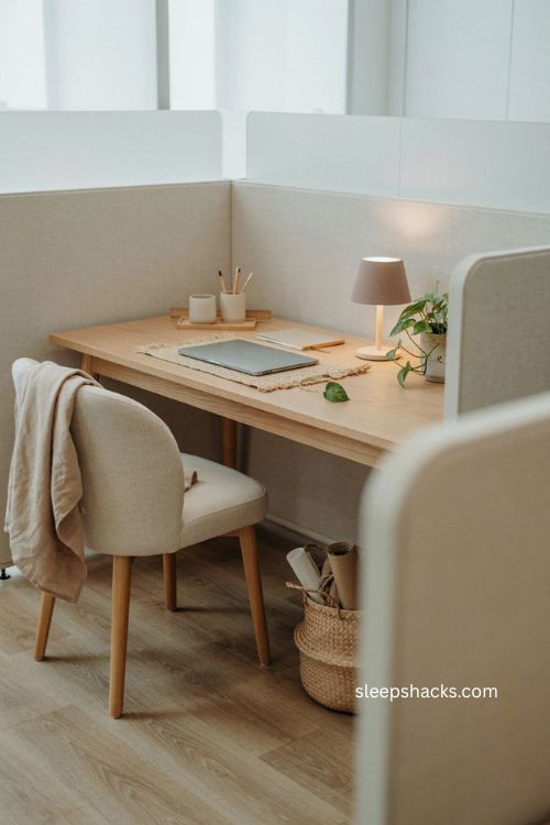 Soft neutral desk decor with cream beige white accessories light wood and small office plant