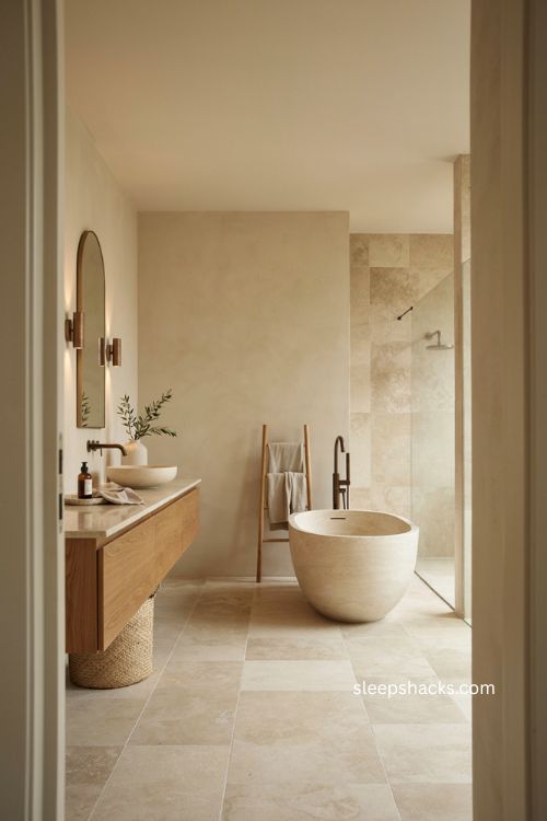 Soft neutral luxury bathroom with beige cream warm gray stone and elegant natural accents 