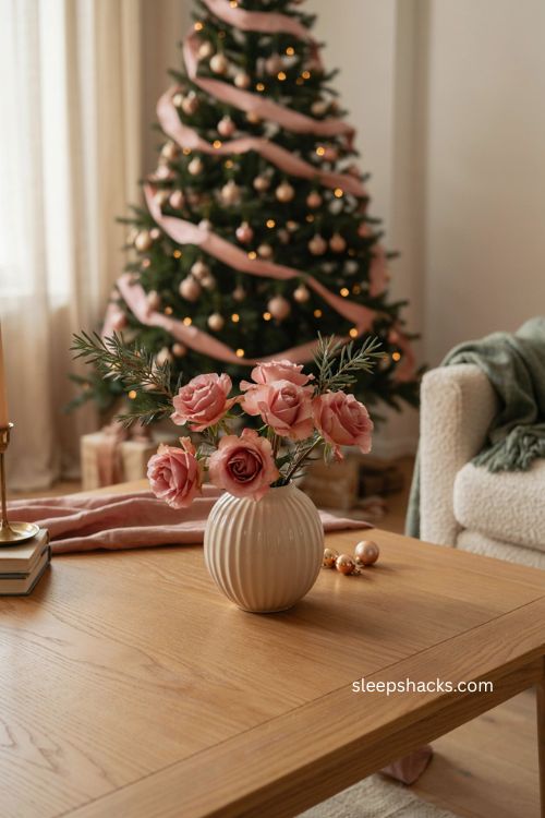 Soft pink roses christmas coffee table decor with pink and gold accents 