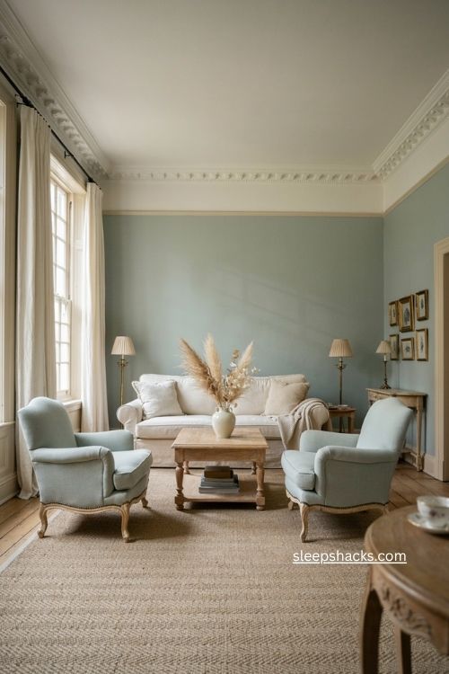 Soft seafoam green living room with white trim brass accents and traditional decor