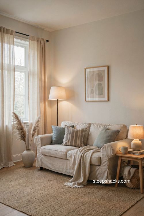 Soft textile therapist office decor with muted cushions woven rug and washable throw blanket