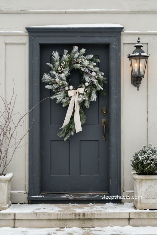 Soft white and silver Christmas door swag with flocked greenery and frosted pinecones