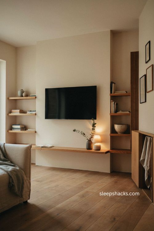 Softened television wall with built in display storage in a small living room 
