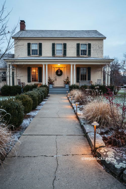 Solar Christmas pathway lights lining driveway and garden beds with warm holiday curb appeal 