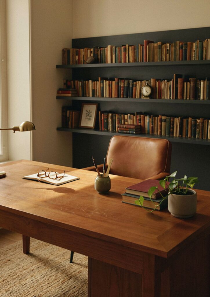 Solid walnut wood desk with leather chair in a refined mens home office