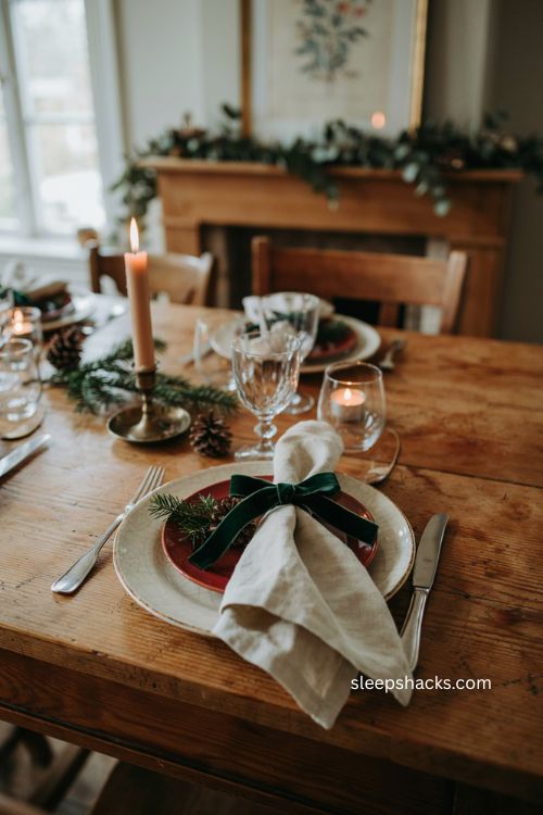 Sophisticated bow napkin folding idea with velvet ribbon for Christmas table 