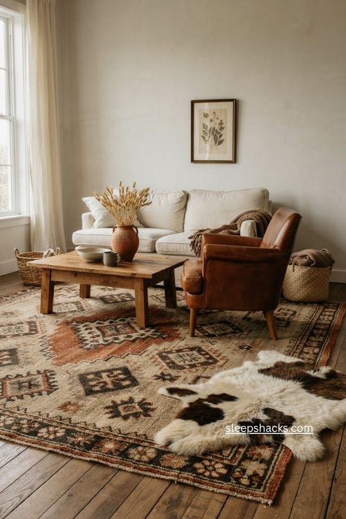 Southwestern rug living room with cowhide layered over rustic western decor