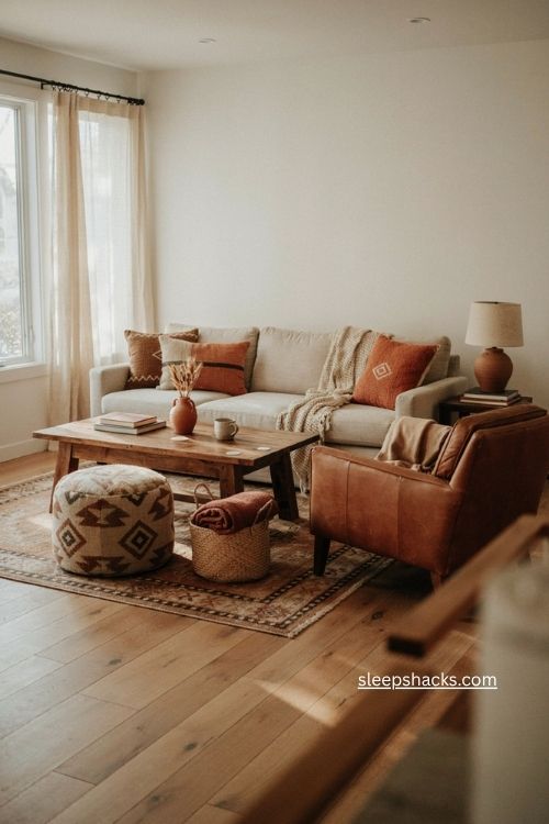 Southwestern textiles layered in a cozy western living room with neutral decor