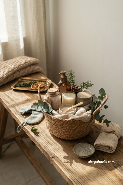 Spa relaxation Christmas gift basket ideas with bath soak lotion candle and self care gifts 