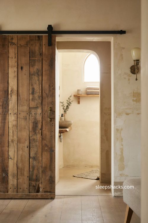 Space saving barn door rustic small bathroom with reclaimed wood