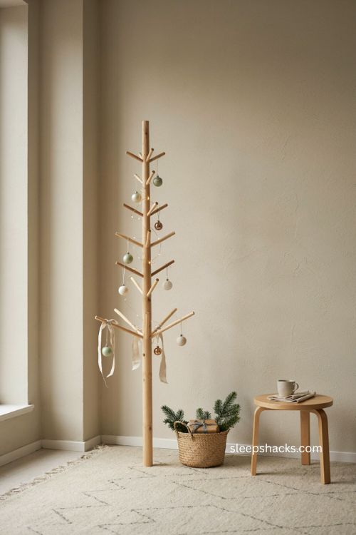 Space saving wooden dowel christmas tree with small ornaments for apartment decor 