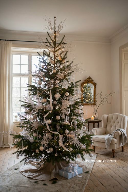 Sparkling twig Christmas tree with crystal branch sprays and silver ornaments 
