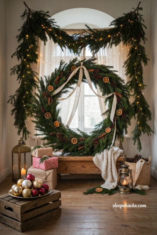 Sparkly Christmas photo backdrop festival ideas with oversized wreath decor