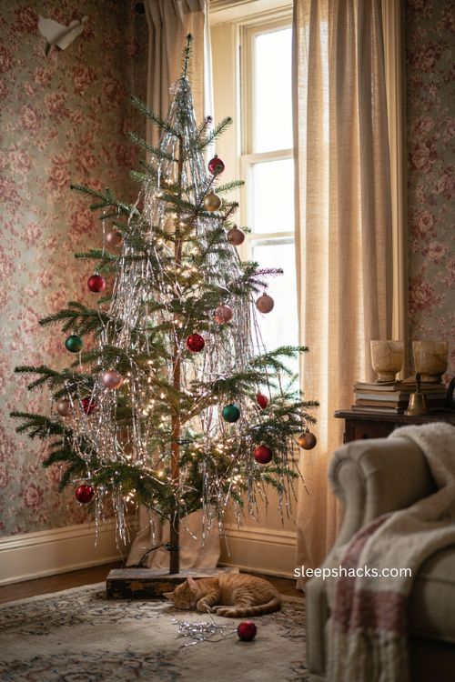 Sparse Charlie Brown tinsel Christmas tree with vintage holiday charm