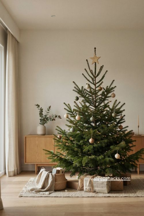 Sparse modern Christmas tree decor with rustic ornaments and natural textures