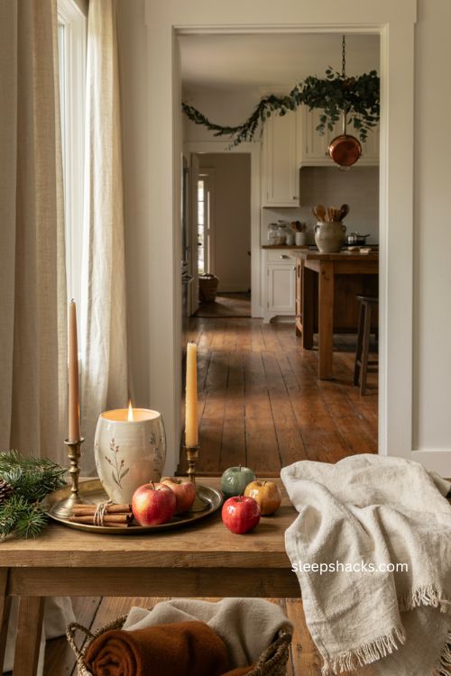 Spiced Christmas candle in a handpainted ceramic vessel on a cozy entryway table 