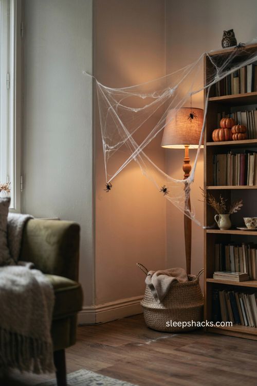Spider web corner Halloween decor for a small apartment living room 