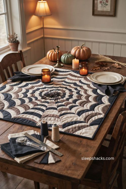 Spider web quilt table topper with dark appliquéd spider and cozy Halloween table decor