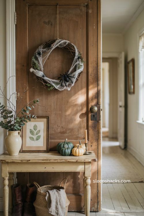 Spider wreath with grapevine greenery and simple Halloween entryway decor 