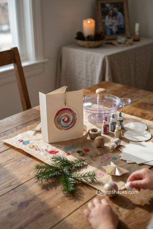 Spin art ornament Christmas card for kids with colorful paint swirls glitter bauble and fun holiday craft setup 