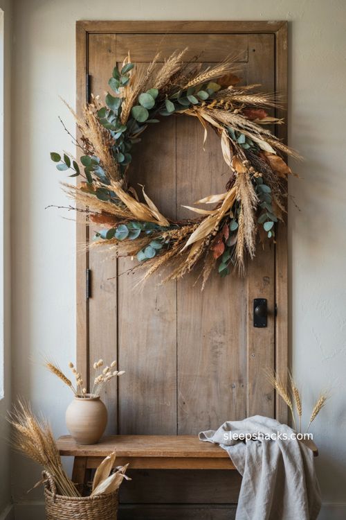 Spiral ombré fall thanksgiving wreath with eucalyptus golden grasses and cornhusks 