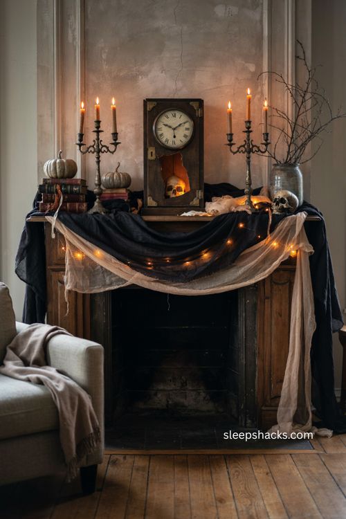 Spooky animatronic Halloween mantel clock with glowing skull candelabras and cheesecloth decor