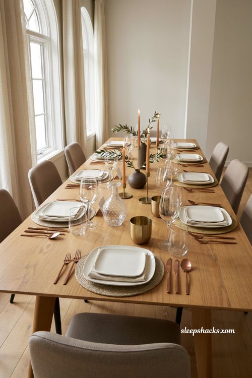 Square plates with round placemats on a glamorous Thanksgiving table with copper accents and elegant glassware
