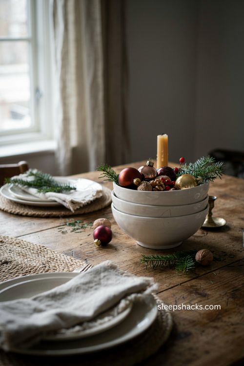 Stacked white bowls with ornaments and greenery Christmas centerpiece 