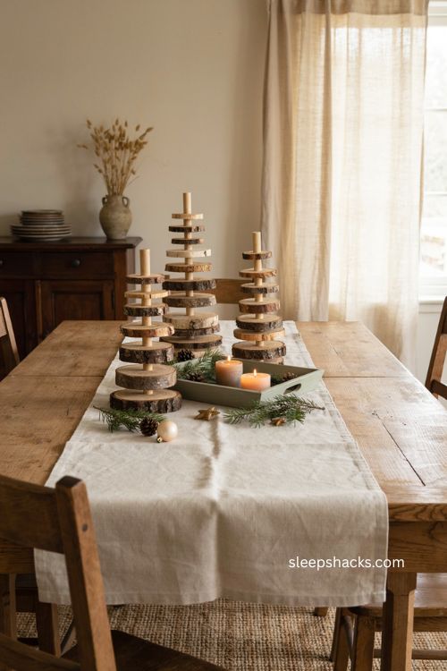 Stacked wood slice christmas trees with natural bark and rustic tabletop decor 
