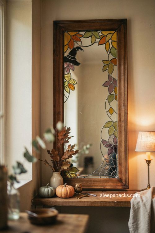 Stained glass Halloween mirror with autumn leaves witch hat and cozy fall decor