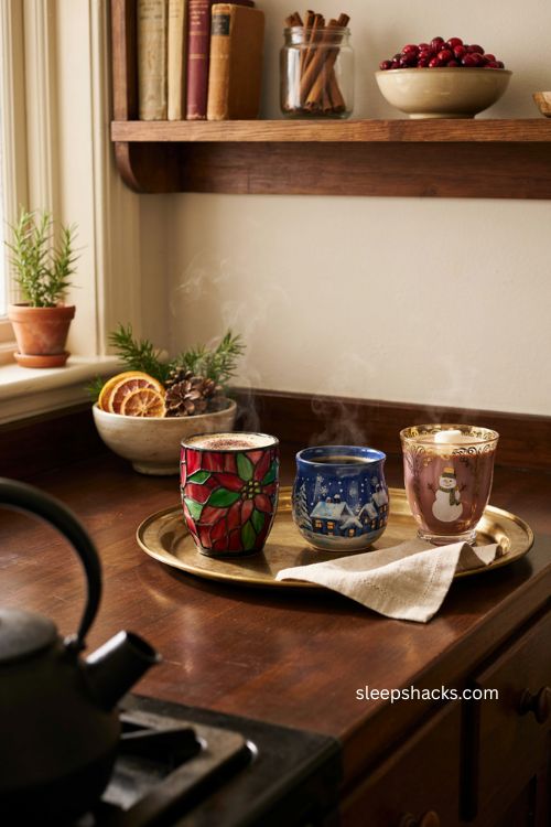 Stained glass style Christmas mugs with jewel tones poinsettias and cozy winter scenes 