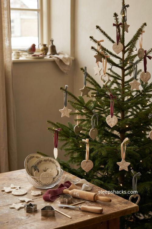 Stamped clay ornaments diy vintage Christmas tree decor with velvet ribbon 