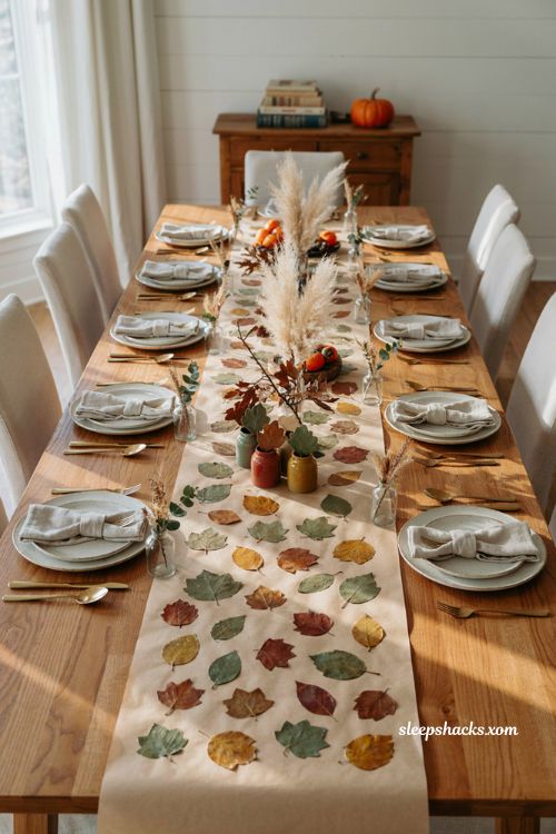 Stamped leaf butcher paper Thanksgiving runner with handmade fall pattern farmhouse table decor 