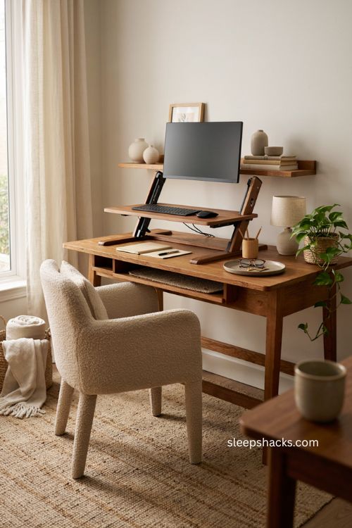 Standing desk converter on an existing wood desk for a flexible home office 