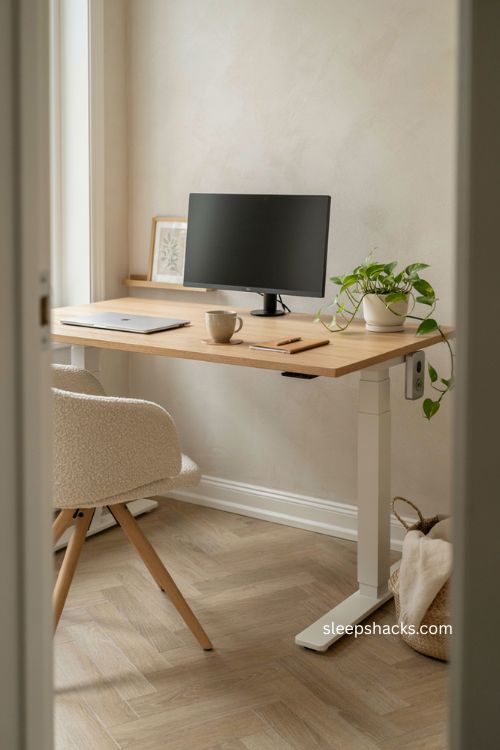 Standing desk home office with light wood top and slim white legs