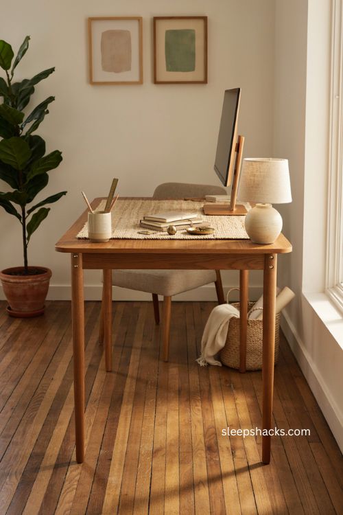 Standing desk home office with warm wood and brass details 