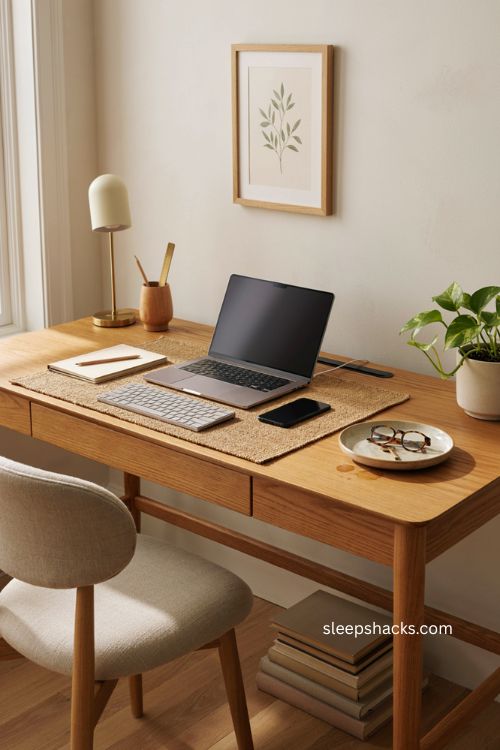 Standing desk with integrated wireless charging and clean cable setup 