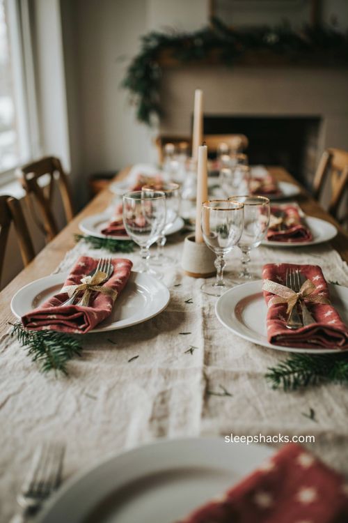 Star napkins tied with ribbon Christmas table place setting