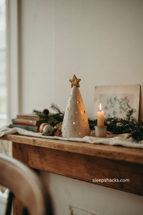 Star topped ceramic christmas tree with cutout details and gold star ornament