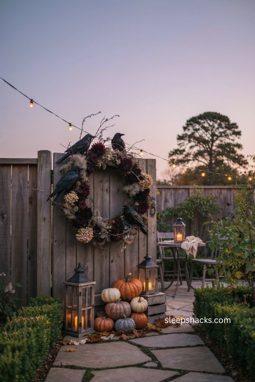 Statement Halloween wreath on a backyard garden gate near the party area 