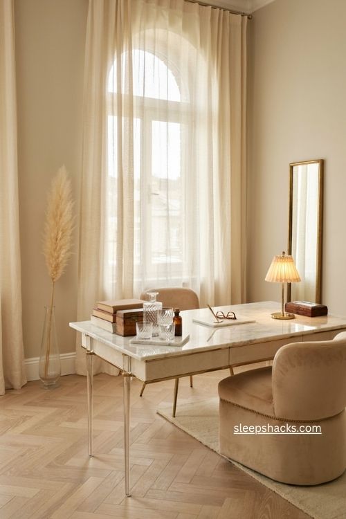 Statement desk ideas with marble lucite and gold glam details 
