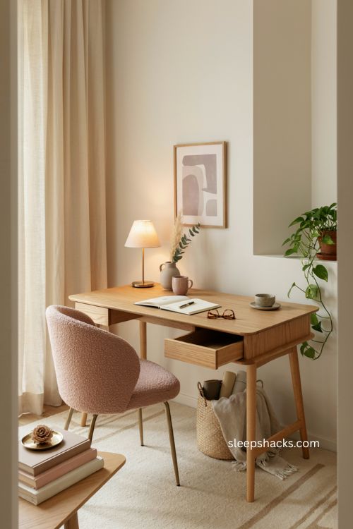 Statement desk in women's home office with curved legs light wood and cozy feminine decor