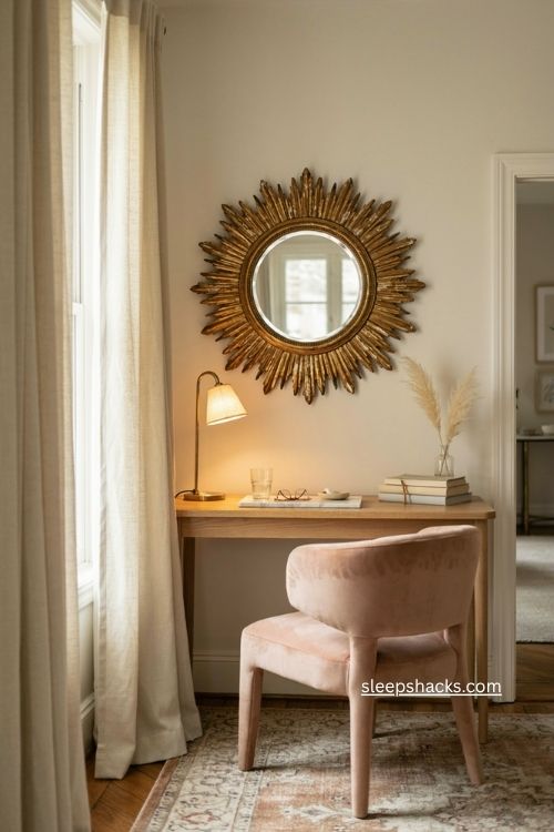Statement mirror ideas for a small glamorous home office 