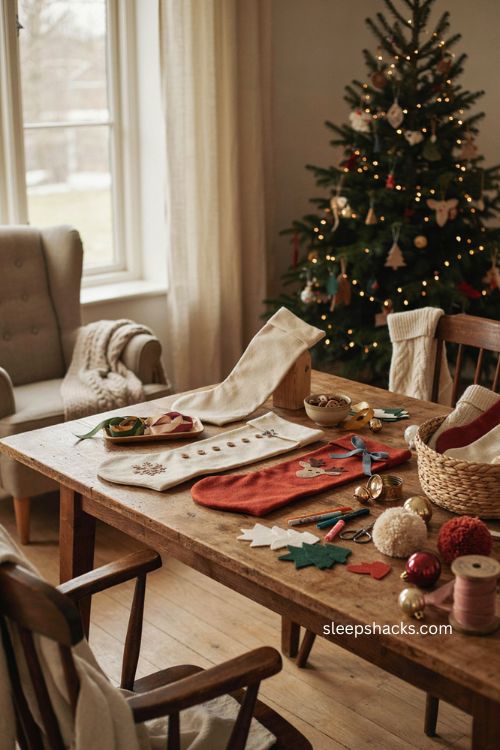 Stocking decorating station Christmas party ideas kids holiday craft