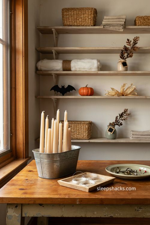 Storing floating Halloween candles and decor neatly for next year 