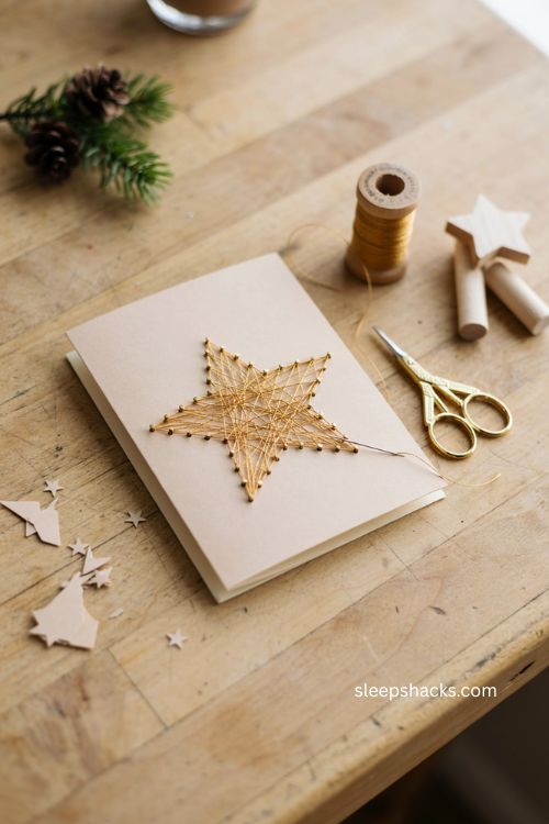 String art Christmas card with metallic thread star design easy kid friendly sewing craft 
