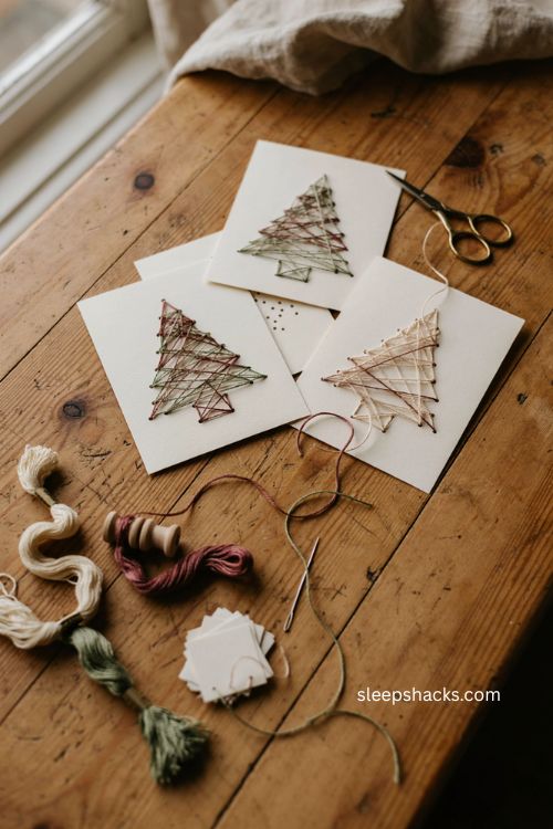 String art Christmas cards with colorful yarn crisscross designs and cozy handmade holiday charm 